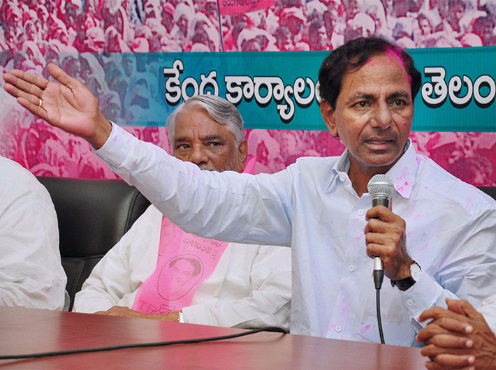 The new kingmaker? TRS president K Chandrasekhar Rao addresses the media in Hyderabad on Tuesday along with party leader K Keshava Rao (background) on the UPA goverment`s go-ahead to formation of separate Telangana state.