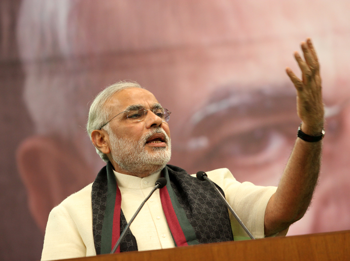 Gujarat chief minister Narendra Modi delivering a speech at the SRCC, Delhi in February. 