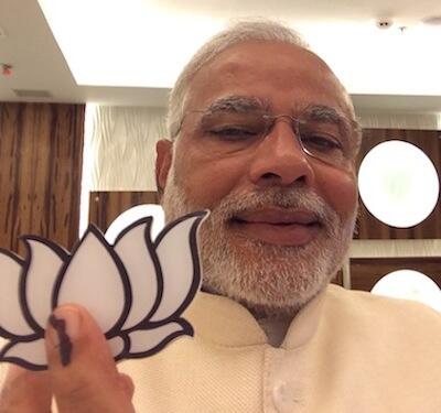 Narendra Modi`s much-discussed selfie after casting his vote in Ahmedabad on April 30.