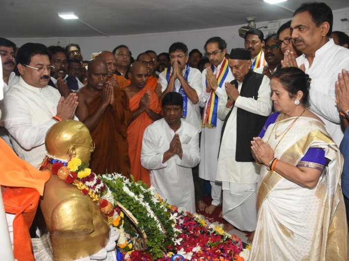 Maharashtra chief minister Uddhav Thackeray and other leaders at the Chaityabhoomi on Friday