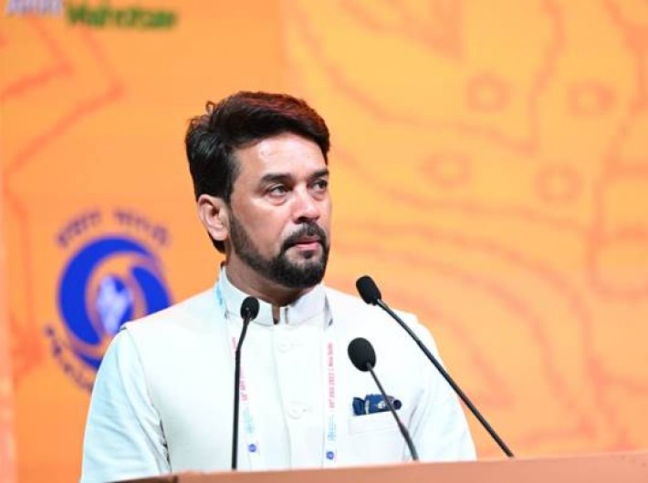Minister of information and broadcasting Anurag Thakur addressing the opening ceremony of the Asia-Pacific Broadcasting Union (ABU) General Assembly 2022 in New Delhi onTuesday. 