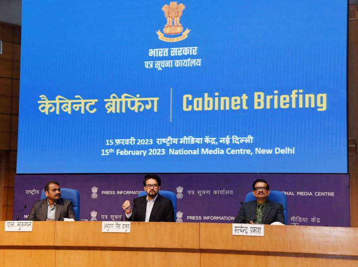 Information & broadcasting minister Anurag Singh Thakur addressing a press conference on cabinet decisions, in New Delhi on Wednesday