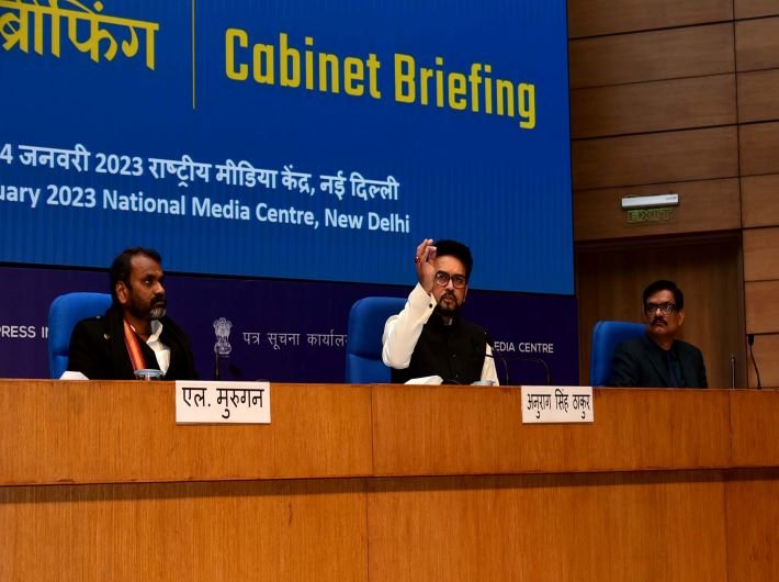 Minister for Information & Broadcasting Anurag Singh Thakur addressing a press conference on cabinet decisions, in New Delhi on Wednesday.