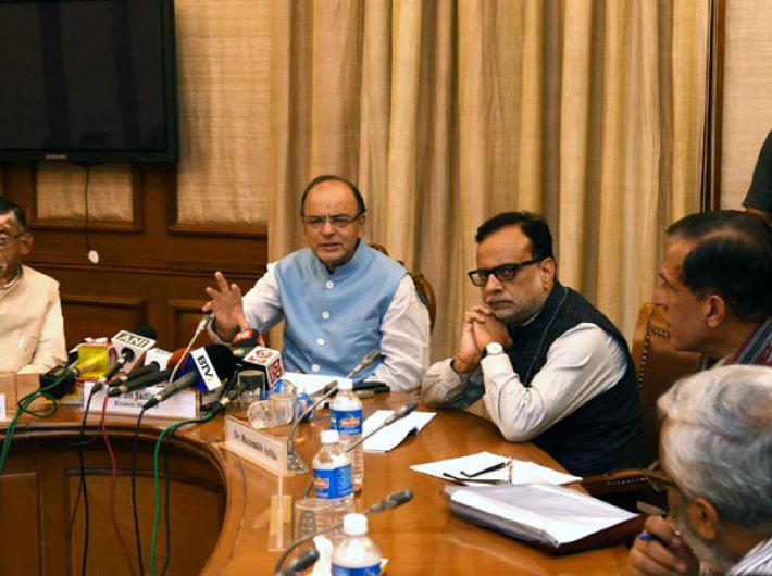 Finance minister Arun Jaitley briefing the media about the outcome of the 2nd meeting of the GST Council, in New Delhi on September 30. Minister of state for finance Santosh Kumar Gangwar and revenue secretary Hasmukh Adhia are also seen.