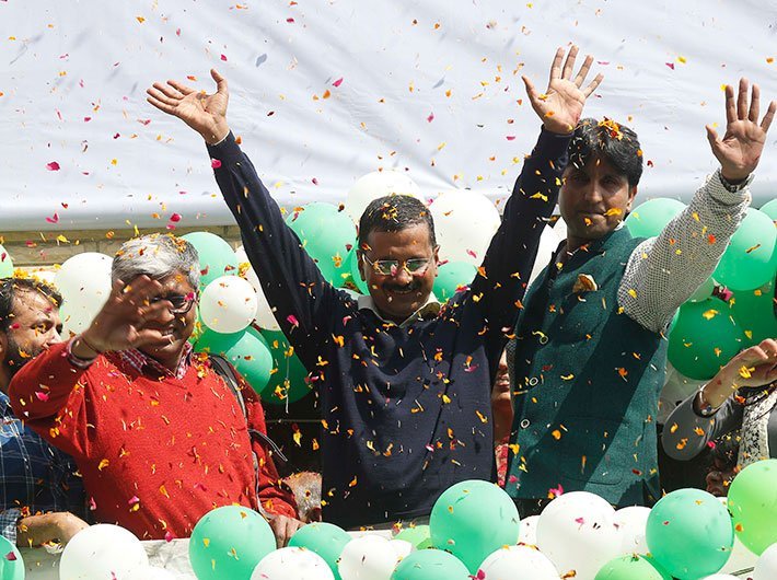 Kejriwal and colleagues after the 2015 election results (Photo: Arun Kumar)