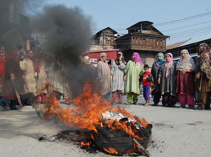Women protesting against NFSA at Sathu Barbarshah in downtown Srinagar. 