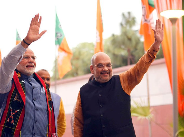 Narendra Modi and Amit Shah at BJP headquarters post Tripura results. (Photo: Twitter/Amit Shah)