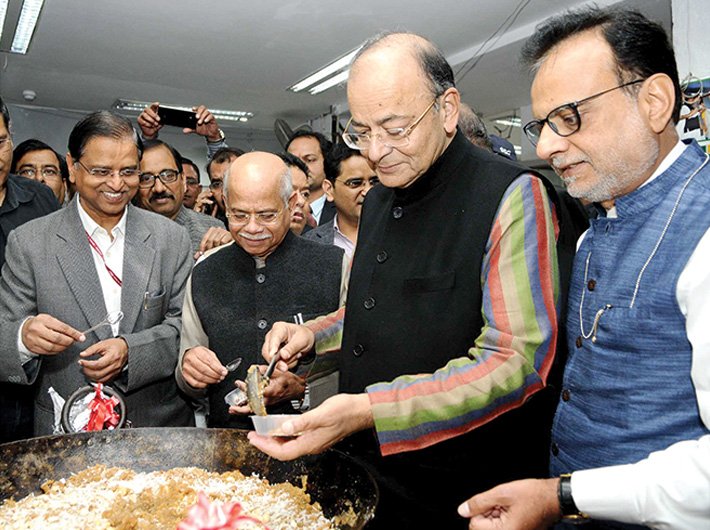Finance minister Arun Jaitley at the ‘Halwa ceremony’, a tradition that marks the beginning of the budget printing process, on January 20. Also seen are minister of state Shiv Pratap Shukla, finance secretary Hasmukh Adhia and economic affairs secretary SC Garg.