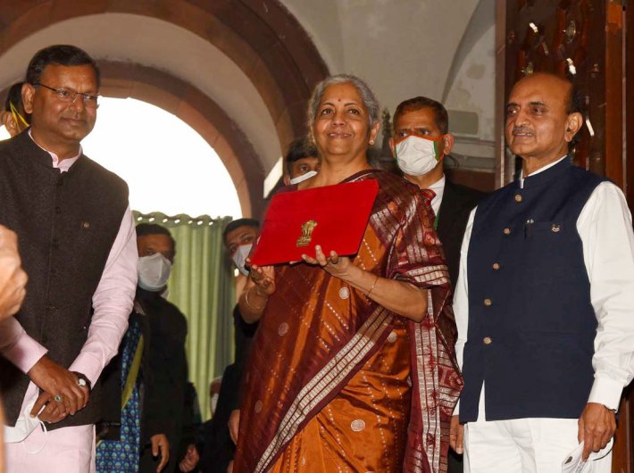 Finance minister Nirmala Sitharaman along with the Ministers of State for Finance, Pankaj Chaowdhary and Dr. Bhagwat Kishanrao Karad, arrives at Parliament House to present the Budget on Tuesday.