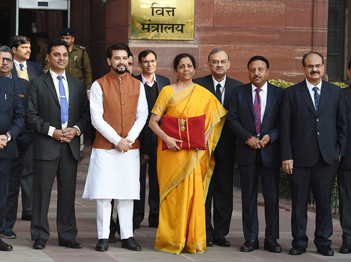 Finance minister Nirmala Sitaraman and the finance ministry team leave the North Block headquarters before the budget presentation.