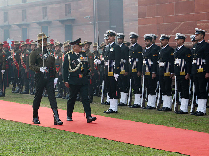 The Chief of Defence Staff (CDS), General Bipin Rawat inspecting the Tri-Service Guard of Honour, in New Delhi on Wednesday