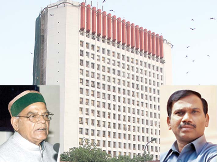 Sanchar Bhavan, the telecom ministry headquarters and (left) Sukh Ram, then telecom minister arrested for role in allocation scam in early 1990s, and A Raja, then telecom minister arrested in Feb 2011 for his role in 2G spectrum allocation scam
