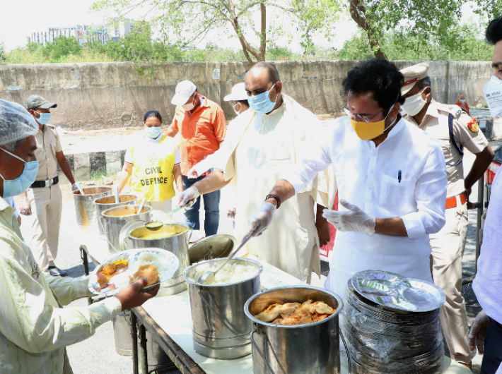 Minister of state for home G Kishan Reddy visiting the emergency kitchen of ISKON temple serving food to five lakh people every day during lockdown due to COVID-19, at Dwarka, in New Delhi on Monday.