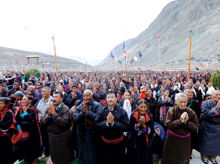 The grey mountains reverberated with Buddhist chants as the Dalai Lama descended in Diskit in Nubra Valley, at an altitude of 3,144 m, during his month-long annual visit to Ladakh in July. A scene at the Dalai Lama-led prayer meeting at Diskit during the celebration of a festival at a local monastery