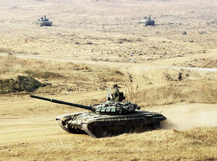 A battle tank participating in Indra 2017, the first tri-service exercise between India and Russia, in October.