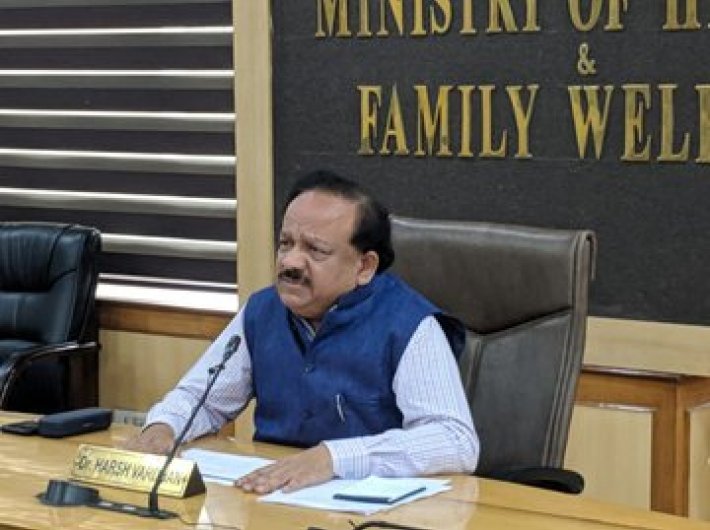 Health minister Dr Harsh Vardhan during his daily Covid-19 situation update meeting in Delhi on Thursday (Image courtesy @DrHarshVardhan)
