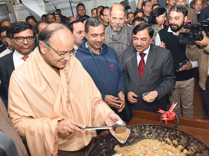 Finance minister Arun Jaitley at the ‘halwa ceremony’ to mark the beginning of the budget printing process on January 19