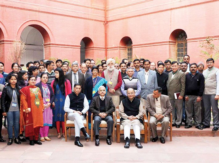 Finance minister Arun Jaitley in a group photograph with the economic survey team led by chief economic adviser Arvind Subramanian, on January 30, a day before its presentation in parliament.