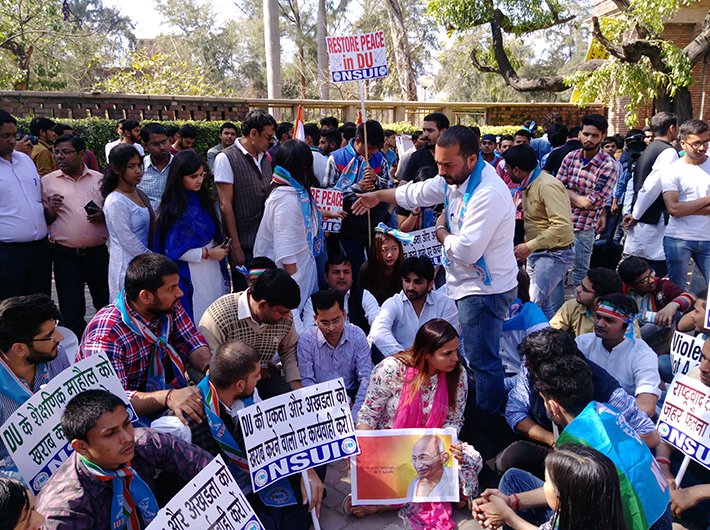 NSUI members staging protest in Delhi University campus