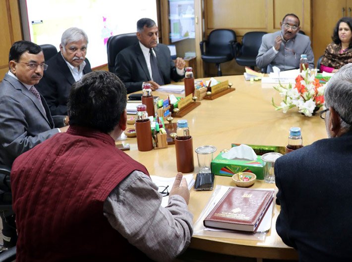 Chief Election Commissioner Sunil Arora, Election Commissioners Ashok Lavasa and Sushil Chandra and senior officers of ECI in a meeting with the Secretary, Legislative Department of the Ministry of Law and Justice, Dr. G. Narayana Raju to discuss pending electoral reforms on Tuesday.