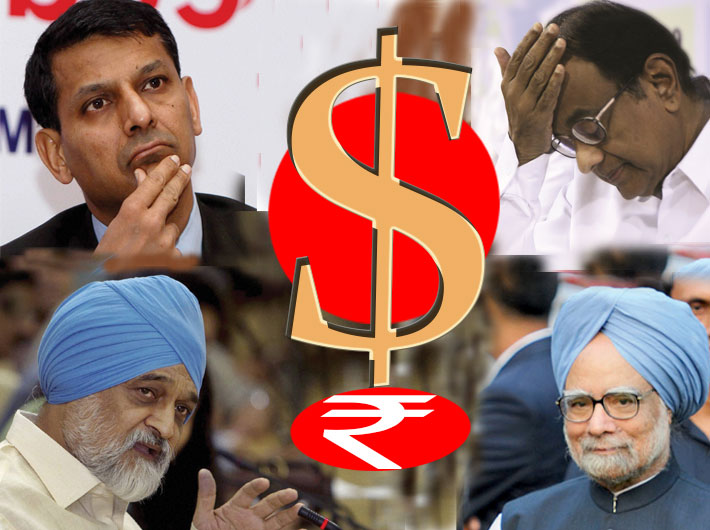 Lording over the slide? (Clockwise from top left) would-be RBI governor Raghuram Rajan, finance minister P Chidambaram, prime minister Manmohan Singh, and planning commission deputy chairman Montek Singh Ahluwalia.