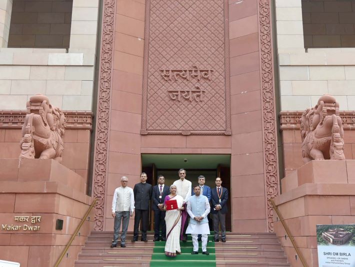 Finance minister Nirmala Sitharaman with minister of state for finance Pankaj Chaudhari and senior officials of the ministry ahead of the presentation of the Union Budget in parliament on Tuesday