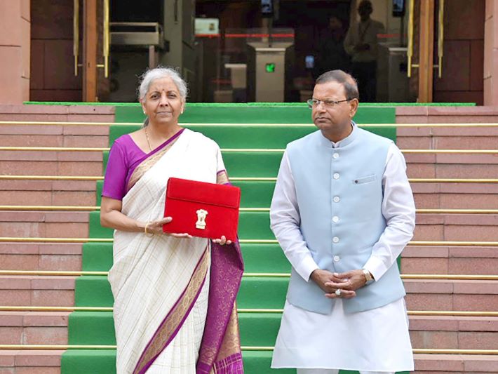 Finance minister Nirmala Sitharaman with minister of state for finance Pankaj Chaudhary ahead of the presentation of the Union Budget in parliament on Tuesday