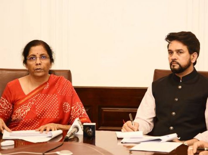 Finance minister Nirmala Sitharaman with MoS Anrag Thakur addressing the press through video conferencing on Tuesday.
