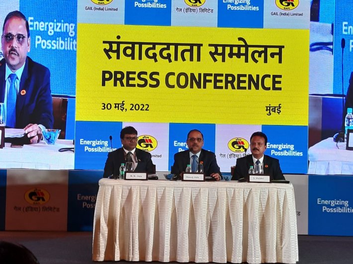 GAIL India chairman and managing director Manoj Jain and other officials addressing the press in Mumbai on Monday.