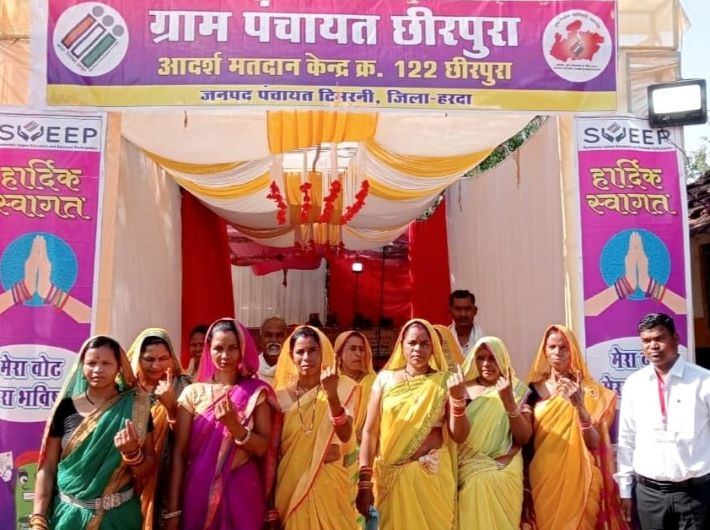 Women voters at a booth in Harda district, Madhya Pradesh, on Tuesday (Photo: courtesy ECI)