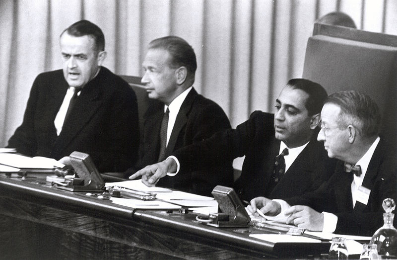 Homi Bhabha (third from left) at the rostrum of the Palais des Nations` Assembly hall for the opening of the International Conference on Peaceful Uses of Atomic Energy, on August 8, 1955, in Geneva, Switzerland. (Photo courtesy: Atoms For Peace/CreativeCommons) 