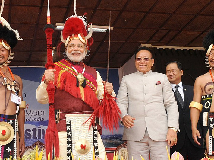 Prime minister Narendra Modi at the Hornbill Festival, at Kohima, in Nagaland, on December 01, 2014. The then chief minister of Nagaland, T.R. Zeliang is also seen.
