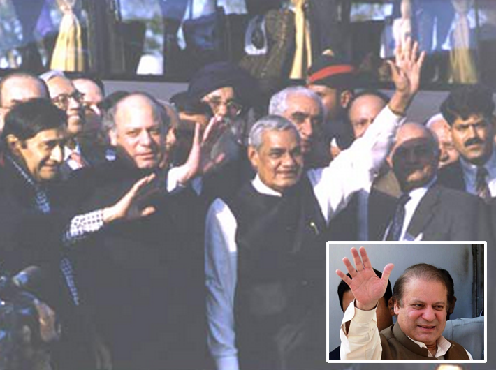 Then prime minister Atal Bihari Vajpayee with his Pakistan counterpart Nawaz Sharif at the Wagah border on February 20, 1999 — a time that promised much in Indo-Pak ties but threw up a googly in Musharraf’s Kargil misadventure.