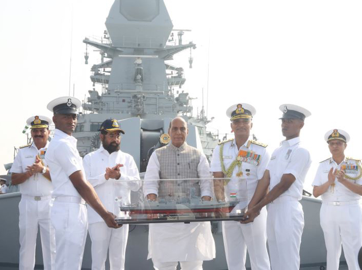 Defence minister Rajnath Singh at the commissioning ceremony of INS Imphal at Mumbai on Tuesday