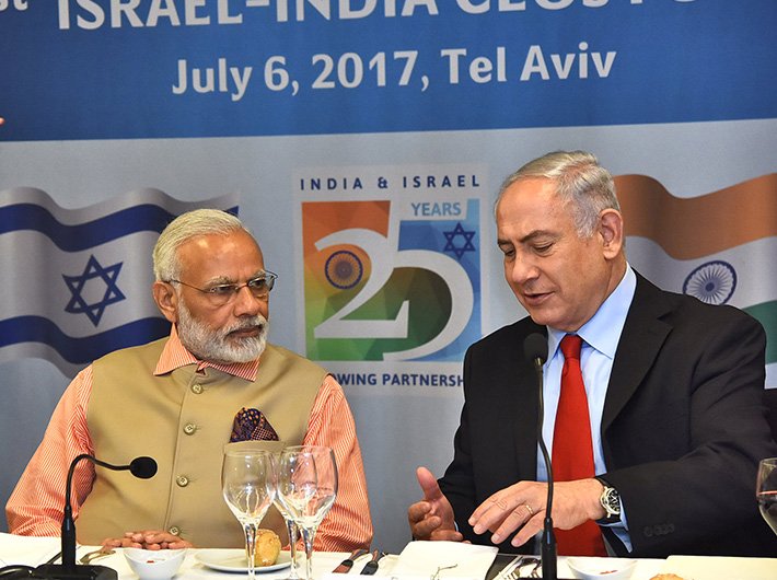Indian PM Narendra Modi with his Israeli counterpart Benjamin Netanyahu at the 1st Israel - India CEOs Forum at Tel Aviv in July 2017