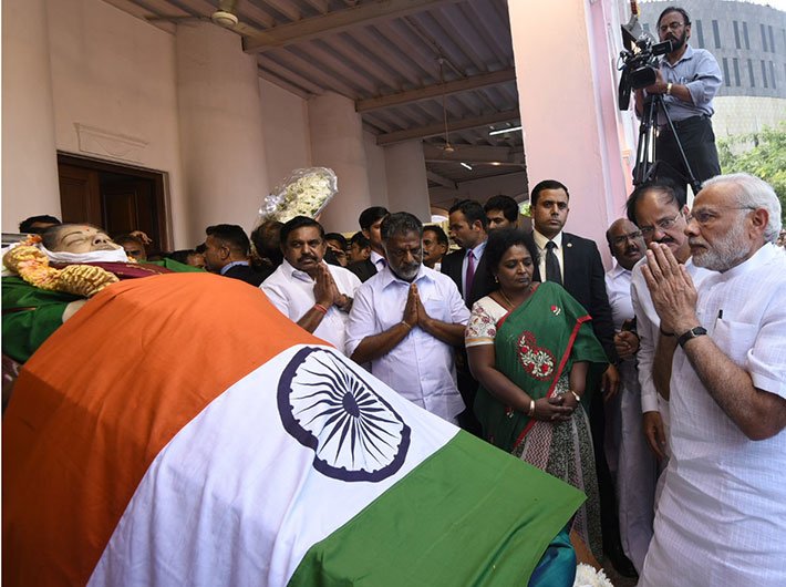 PM Modi paying tributes to Jayalalithaa in Chennai
