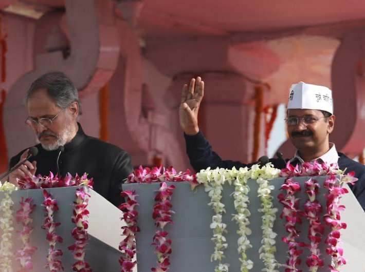 Najeeb Jung and Arvind Kejriwal at the latter`s swearing-in in January 2014.