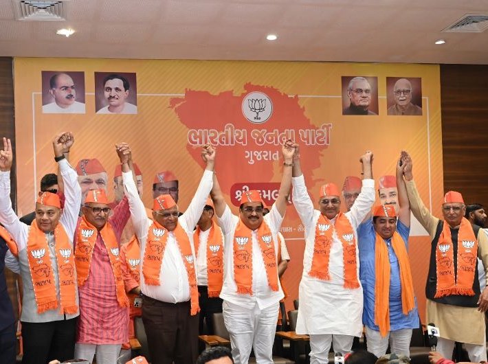 Gujarat chief minister Bhupendra Patel, state party unit president C. R. Paatil and other leaders at the state party office in Ahmedabad on Thursday.