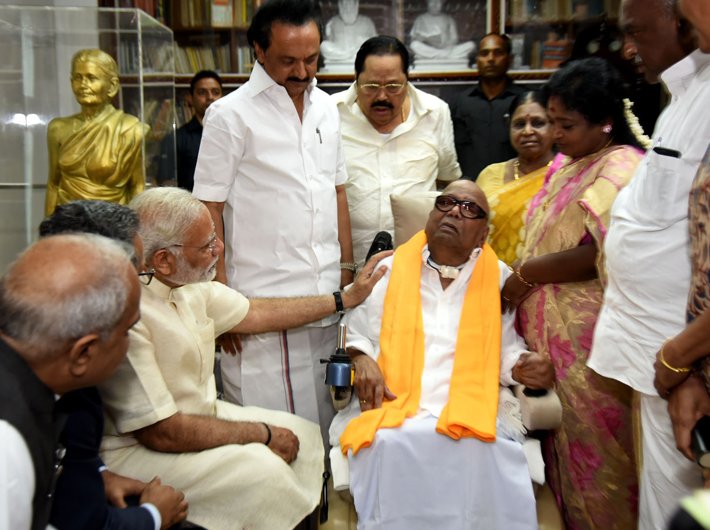 Prime Minister Narendra Modi meeting the DMK patriarch M. Karunanidhi in Chennai