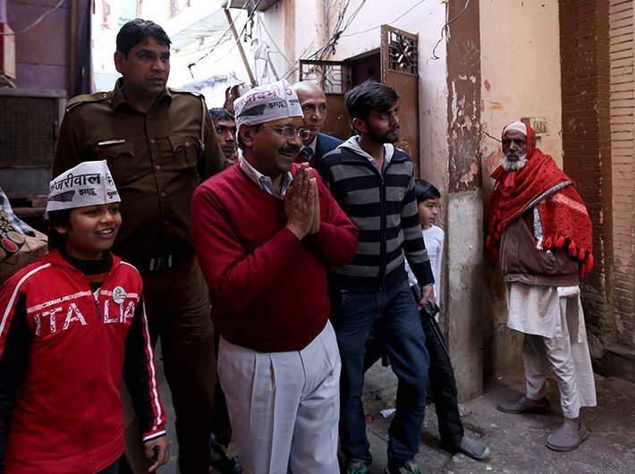 AAP chief Arvind Kejriwal campaigning in Delhi on February 05.