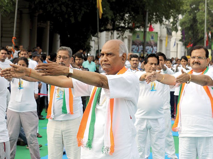 The BJP’s presidential candidate Ram Nath Kovind at a yoga function. (Photo: Arun Kumar)