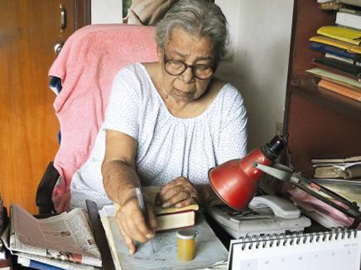 Noted writer-activist Mahasweta Devi at her desk in her home in Kolkata