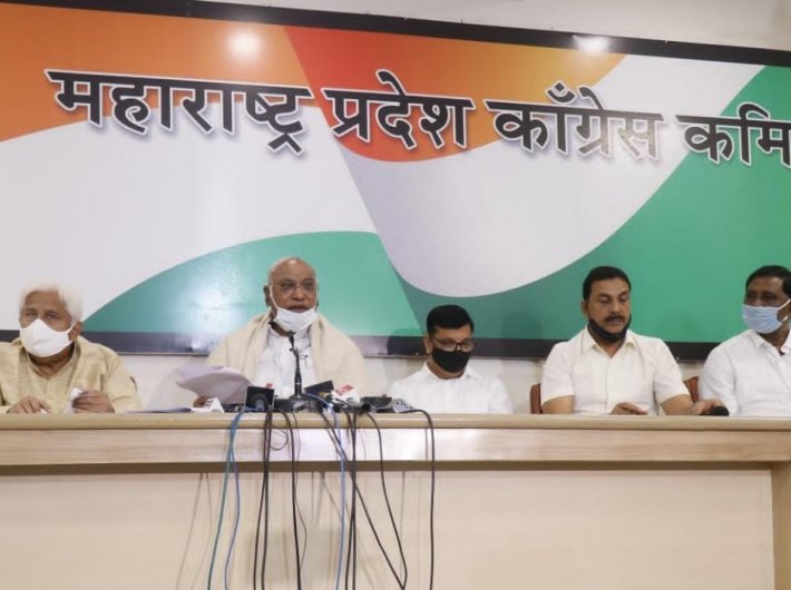 Congress leader Kharge addresses a press meet in Mumbai on Monday