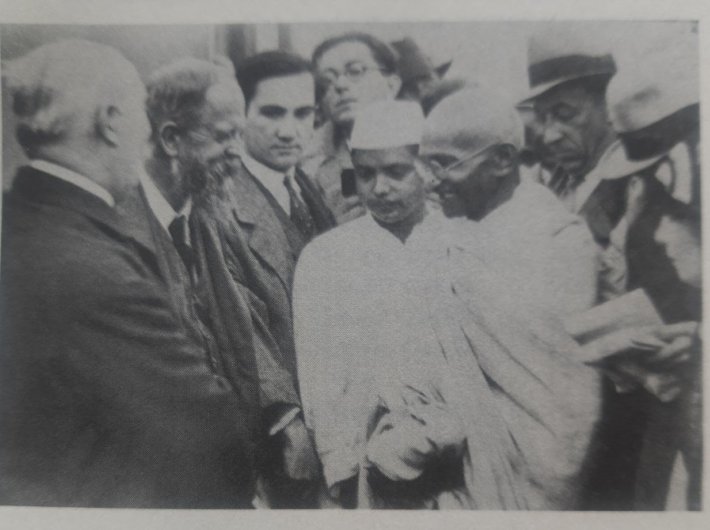 Gandhi in Marseilles, in 1931, with (facing him) C. F. Andrews and (to his right) Devadas Gandhi (Image from `Scorching Love`, courtesy OUP) 