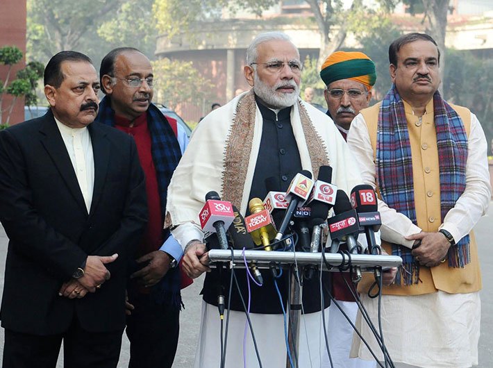PM Modi delivering his statement to media ahead of the Budget Session of Parliament, in Parliament House, on January 29