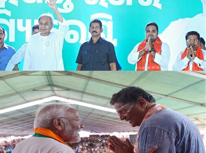 (Top) Chief minister Naveen Patnaik campaigning for Anshuman Mohanty, and (below) Prime minister Narendra Modi with Bijayant Panda at a rally (Image courtesy: @Anshumanbjd and @PandaJay)
