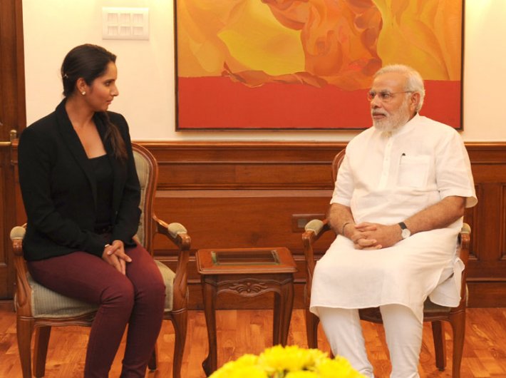 Narendra Modi with tennis player Sania Mirza, who called on the prime minister recently.