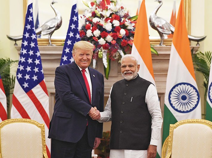 Predient Donald Trump and prime minister Narendra Modi after their bilateral meet at the Hyderabad House in New Delhi on Tuesday