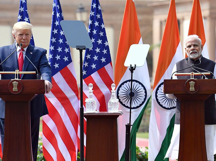 US president Donald Trump and prime minister Narendra Modi address the media after their talks at the Hyderabad House in Delhi Tuesday.