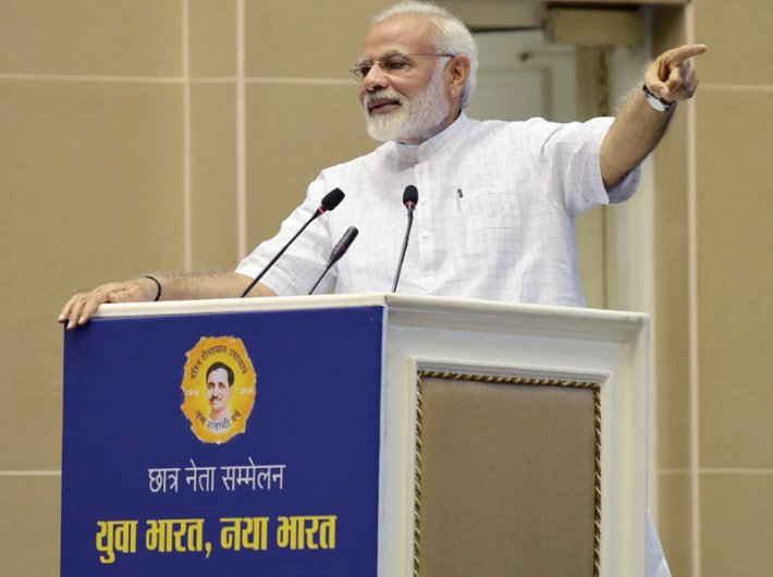 Narendra Modi addressing a gathering of students on the theme of ‘Young India, New India’, in New Delhi